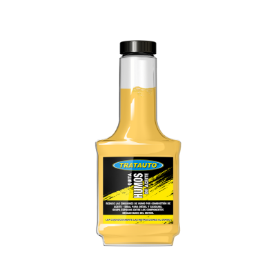 Frasco amarelo com tampa preta e rótulo preto e amarelo com texto TRATAUTO