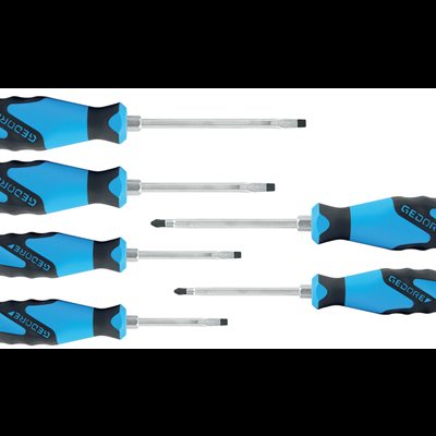 Conjunto de seis chaves de fenda com cabos azuis e pretos da marca GEDORE
