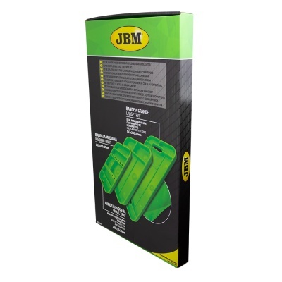 Embalagem JBM com bandejas organizadoras verdes mostradas no produto