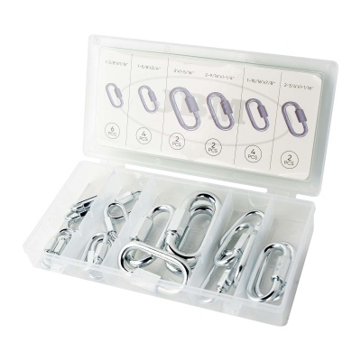 Conjunto de mosquetões metálicos cromados em caixa transparente