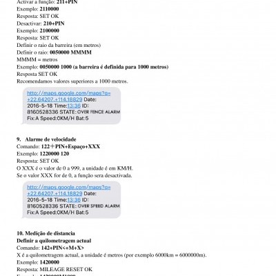 Página de manual de instruções técnicas com comandos e exemplos de configuração.