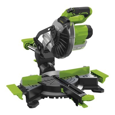 Serra de esquadria verde e preta com base circular e lâmina protegida