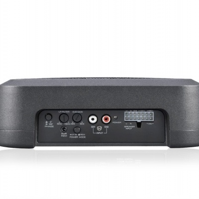 Amplificador de áudio preto com conectores RCA e controlos traseiros