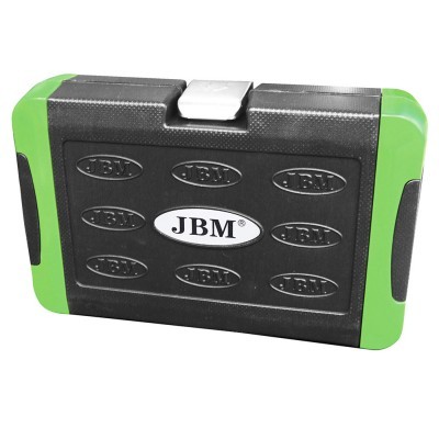 Caixa para ferramentas preta com laterais verdes e logo JBM em relevo