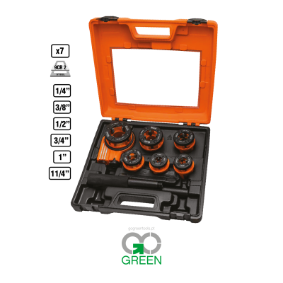 Conjunto de ferramentas para roscar tubos em caixa preta e laranja com sete cabeças de roscagem