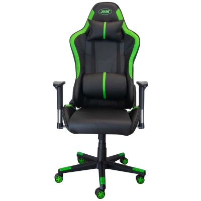 Cadeira de gaming preta com detalhes verdes e almofadas, com base de cinco rodas