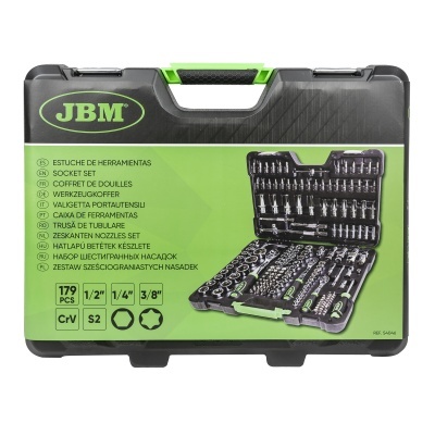 Estojo de ferramentas JBM preto e verde com 179 peças de soquetes e acessórios