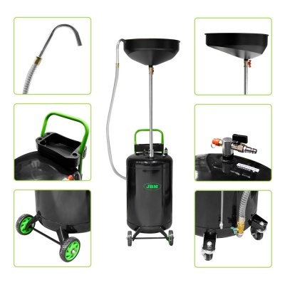 Depósito recolhedor de óleo usado preto com detalhes em verde, funil, mangueira e rodas verdes