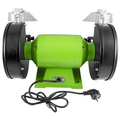 Touret de bancada verde com rodas de esmeril e lâminas metálicas