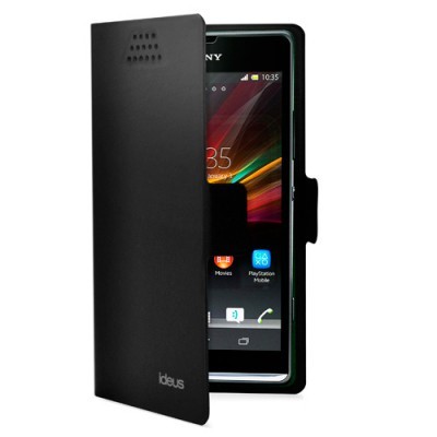 Smartphone Sony com capa preta protetora parcialmente aberta