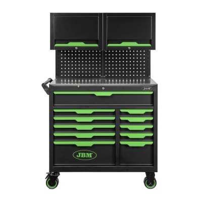 Carrinho de ferramentas JBM preto e verde com gavetas e rodas.