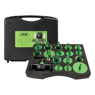 Conjunto de ventosas verdes para pressão com mala preta e etiqueta verde da marca JBM