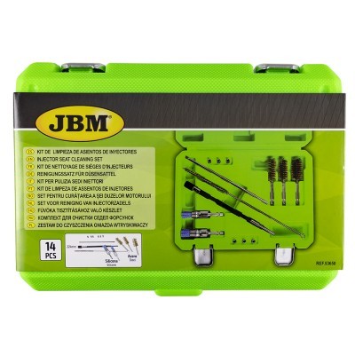 Conjunto de limpeza para assentos de injetores JBM em caixa verde com ferramentas organizadas
