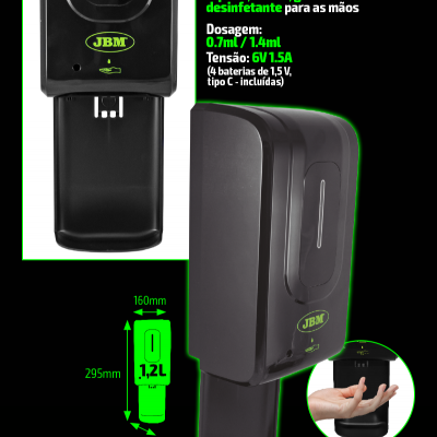 Dispenser automático preto para sabão e álcool com sensor e acessórios