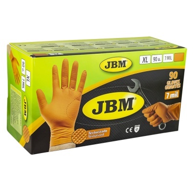 Caixa retangular amarela e preta de luvas têxteis JBM castanhas XL 7 mil