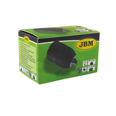 Caixa verde e preta de mandril de perfuração JBM com texto e especificações