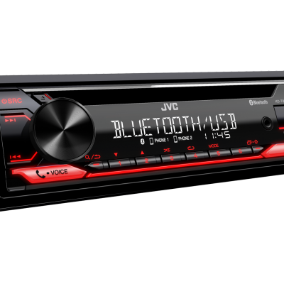 Aparelho som automóvel JVC preto com detalhes vermelhos e ecrã digital iluminado.