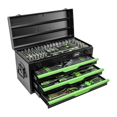Caixa de ferramentas metálica preta com ferramentas organizadas e gavetas verdes abertas.