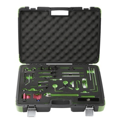 Conjunto de ferramentas para medição em estojo com espuma preta e compartimentos verdes
