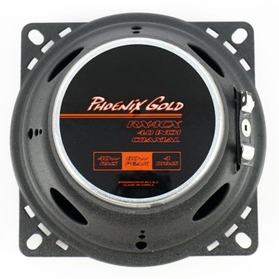 Coluna coaxial Phoenix Gold RX10X preta com moldura metálica e etiqueta com texto laranja e branco