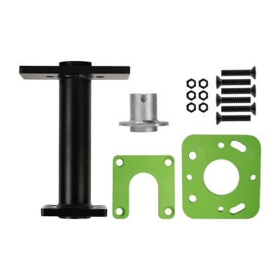 Conjunto de peças metálicas preto, prateado e verde com parafusos e porcas