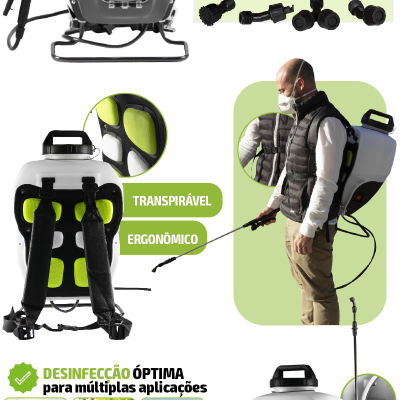 Pulverizador elétrico de mochila branco JBM 60027 com alças pretas e lança extensível, mostrado em uso por uma pessoa, com detalhes técnicos e acessórios.
