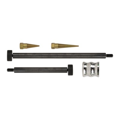 Conjunto de ferramentas metálicas com duas peças cilíndricas pretas, duas pontas douradas e uma peça prateada ondulada