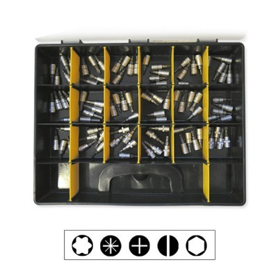 Caixa preta com várias peças metálicas pequenas organizadas em compartimentos amarelos