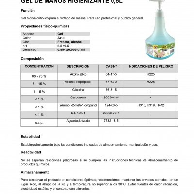 Ficha técnica com imagem de gel de mãos desinfetante JBM 0,5L azul com doseador