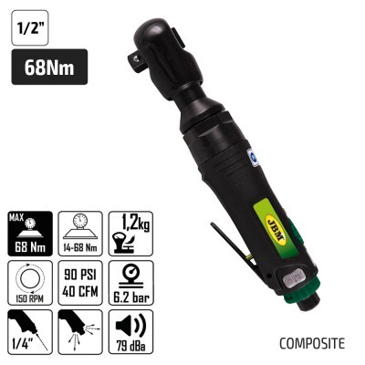 Ferramenta pneumática de impulso preta e verde com especificações técnicas