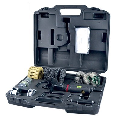 Conjunto de ferramenta com escovas de aço e máquina elétrica numa caixa preta