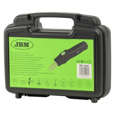 Mala preta com rótulo verde e soldador de plástico para reparação automóvel