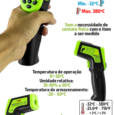 Termómetro infravermelho portátil preto e verde com visor digital e etiquetas informativas