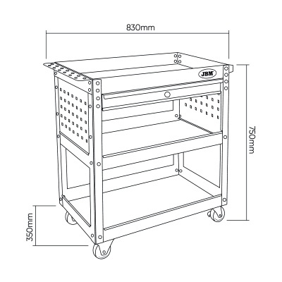 Carrinho de ferramentas metálico preto com gaveta e prateleiras, rodas, logótipo JBM.