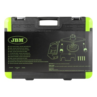 Estojo de ferramentas preto e verde com rotulagem JBM e texto técnico visível