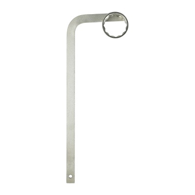 Chave metálica em L prateada com ponta circular dentada