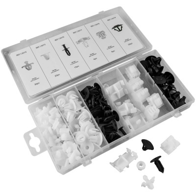 Conjunto de clips de plástico para carros em caixa transparente com etiquetas.