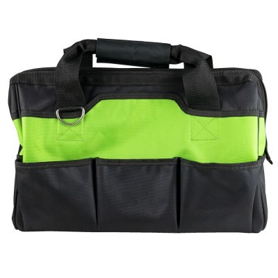 Mala de ferramentas verde e preta em tecido com bolsos frontais e pegas acolchoadas