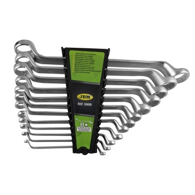 Conjunto de chaves fixas em suporte preto com etiqueta verde JBM