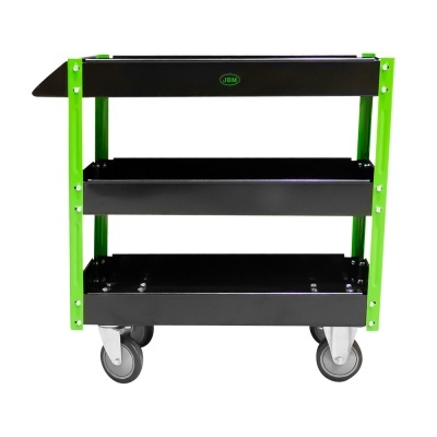 Carrinho de ferramentas metálico verde e preto com três bandejas e rodas