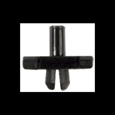 Peça plástica preta com orifício cilíndrico e duas pernas inferiores em fundo branco