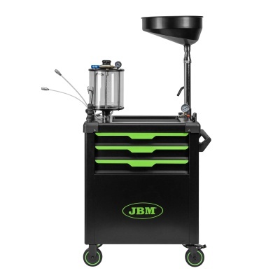 Carrinho de oficina preto com gavetas verdes e funil para recolha de líquidos