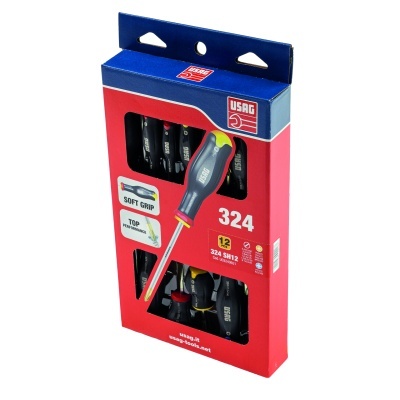 Conjunto de 12 chaves de fendas USAG em embalagem vermelha e azul