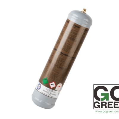 Cilindro metálico com etiquetas de segurança e o logotipo GO GREEN ao lado