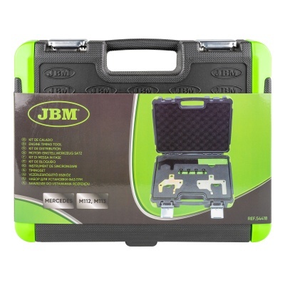 Estojo de ferramenta rígido preto com bordas verdes da marca JBM, kit de calado para motores Mercedes M112 e M113.