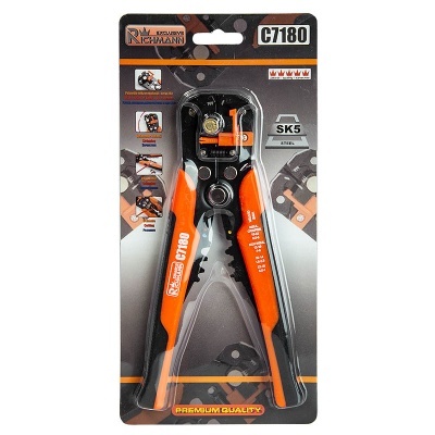 Alicate descascador de fios Richmann C7180 com punhos laranja e preto na embalagem