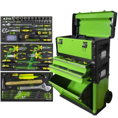 Conjunto de ferramentas em caixa verde e preta com ferramentas de mão e soquetes
