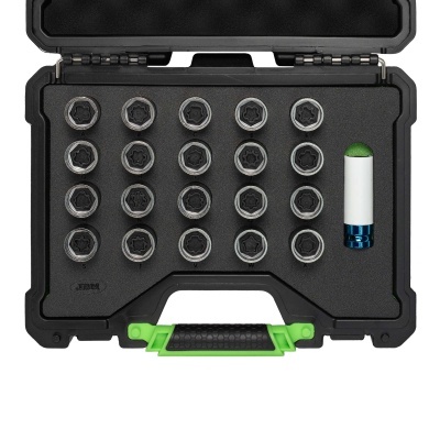 Estojo preto com soquetes hexagonais e ferramenta branca e azul