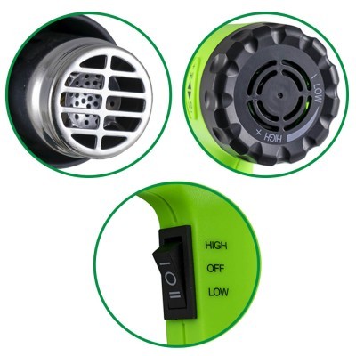 Detalhes do secador de cabelo verde com bocal metálico e controles