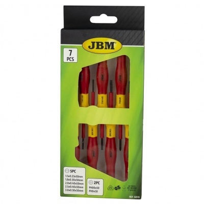 Conjunto de 7 chaves de fendas isoladas JBM com punhos vermelho e amarelo em embalagem verde